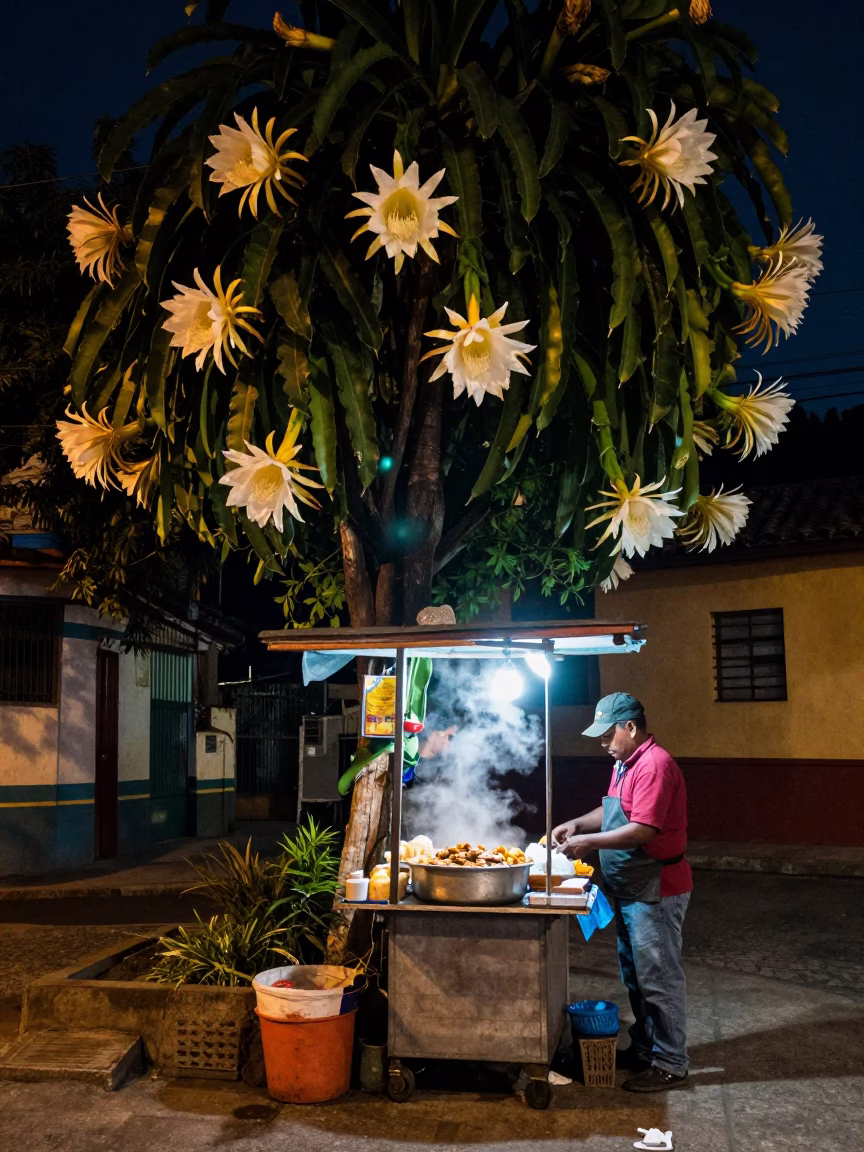 Midnight Street Scene in Medellin Colombia with Night Blooming Cereus and Local Activity in in Medellin, Colombia
