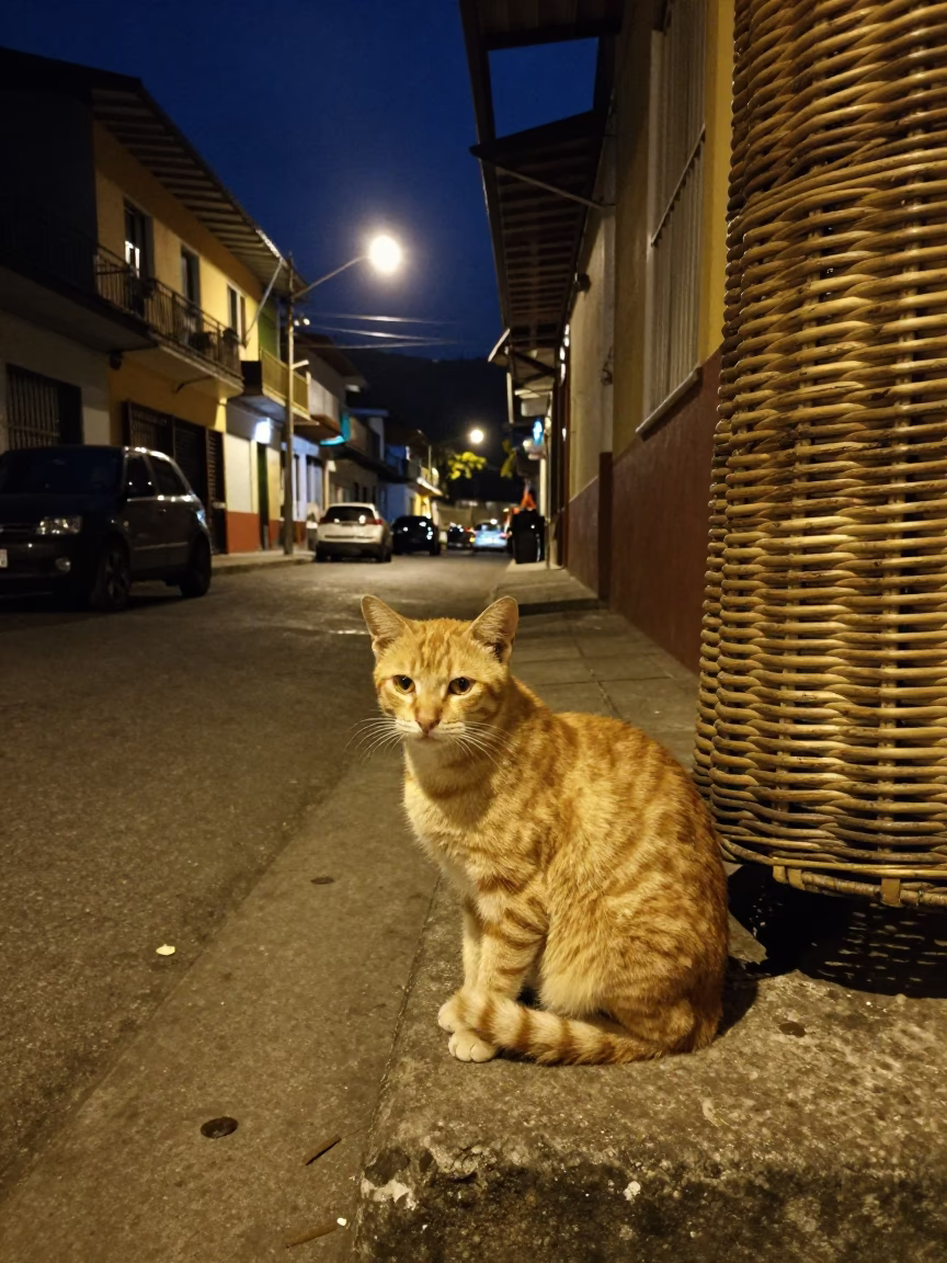 Midnight Street Scene in Medellin Colombia with Orange Cat and Wicker Shadows in in Medellin, Colombia