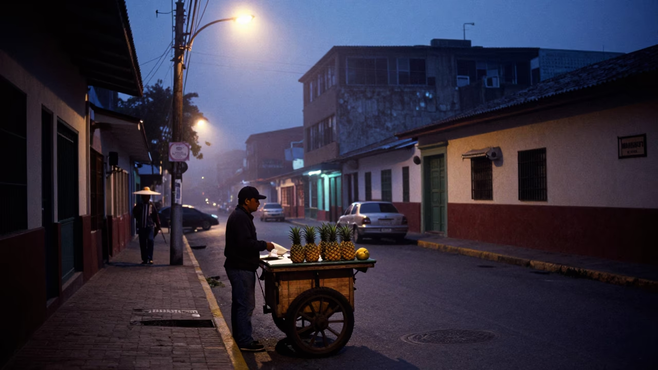 Midnight Street Scene in Medellin Colombia with Pineapple Vendor and Urban Shadows in in Medellin, Colombia