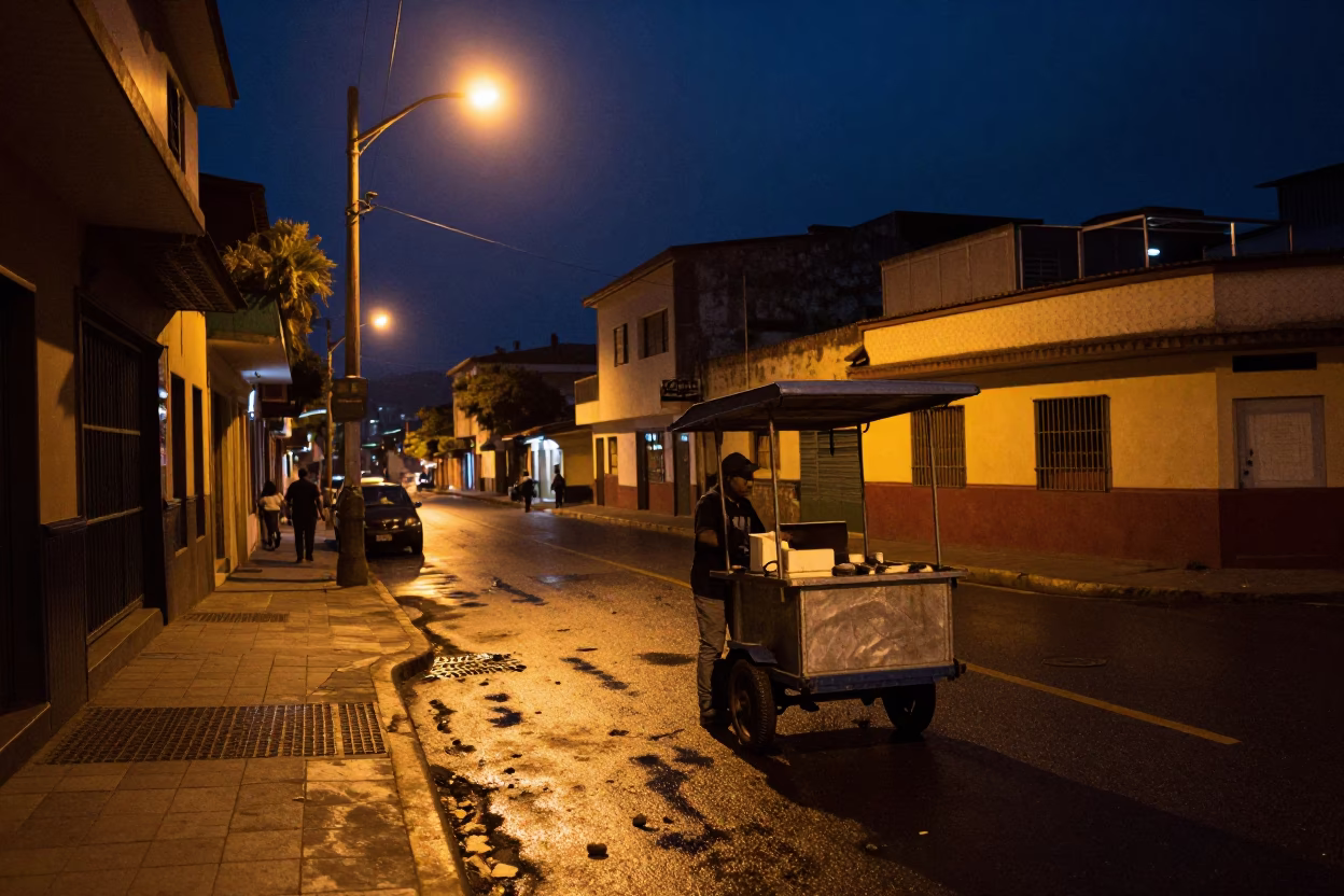 Midnight street scene in Medellin Colombia with rolling carts and urban night life in in Medellin, Colombia