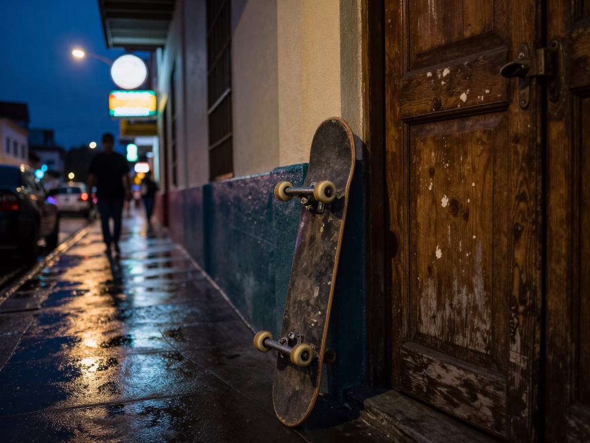 Midnight Street Scene in Medellin Colombia with Skateboard and Latch Detail in in Medellin, Colombia