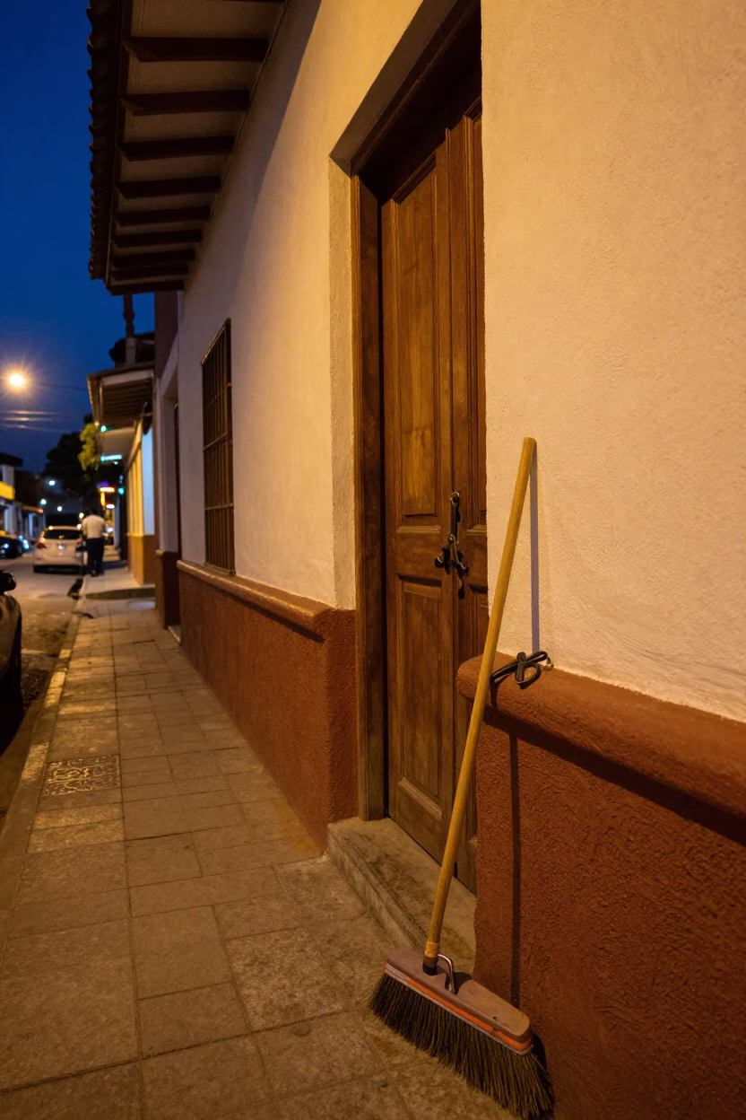 Midnight street scene in Medellin Colombia with tailor shears and broom in in Medellin, Colombia