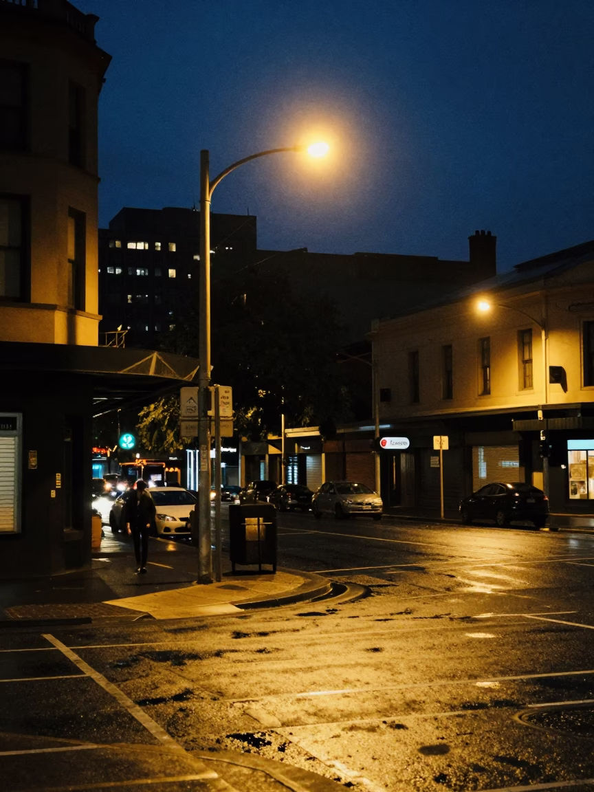 Midnight Street Scene in Melbourne Victoria Australia with Urban Details and Late Night Activity in in Melbourne, Victoria, Australia