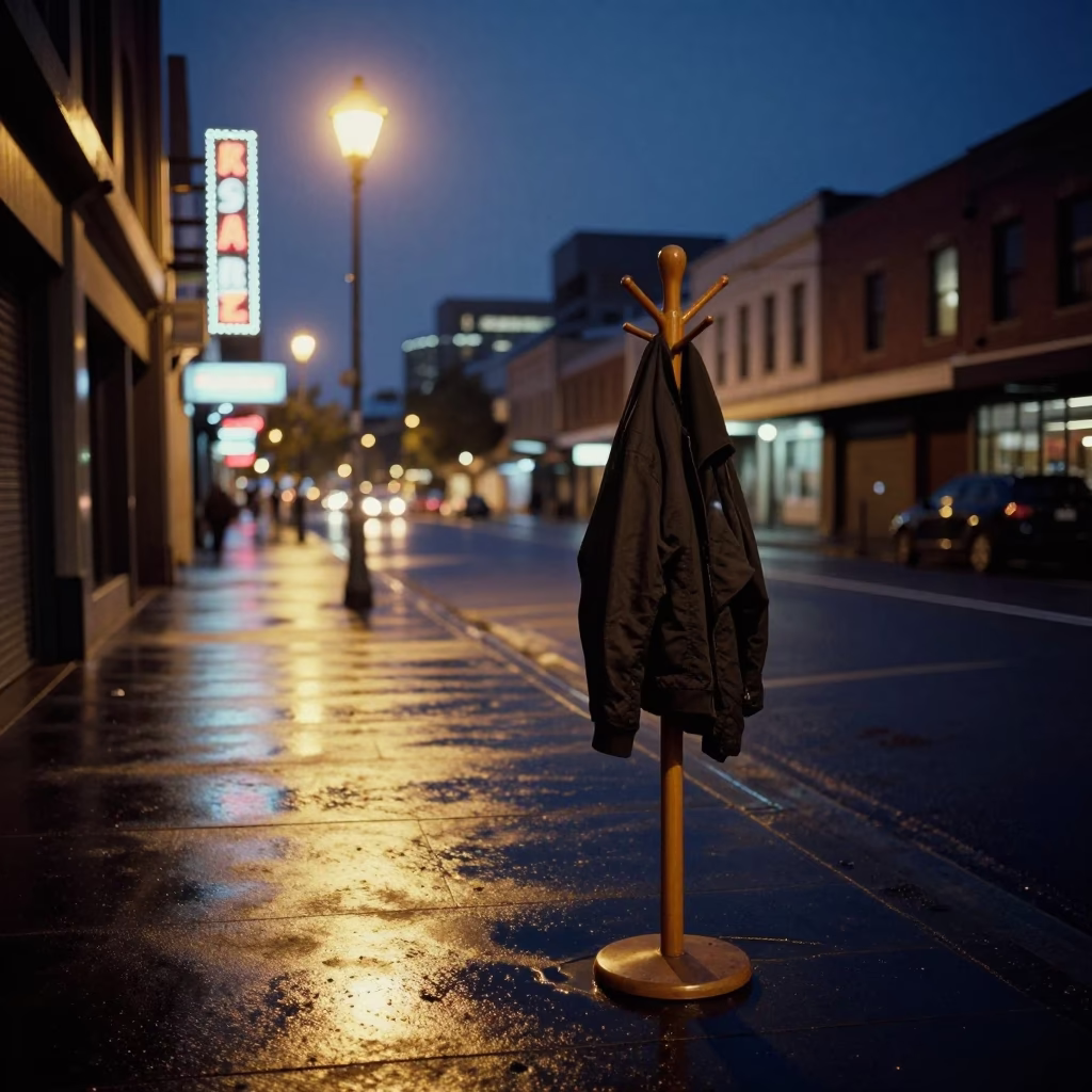 Midnight street scene in Melbourne Victoria with coat stand and urban architecture in in Melbourne, Victoria, Australia