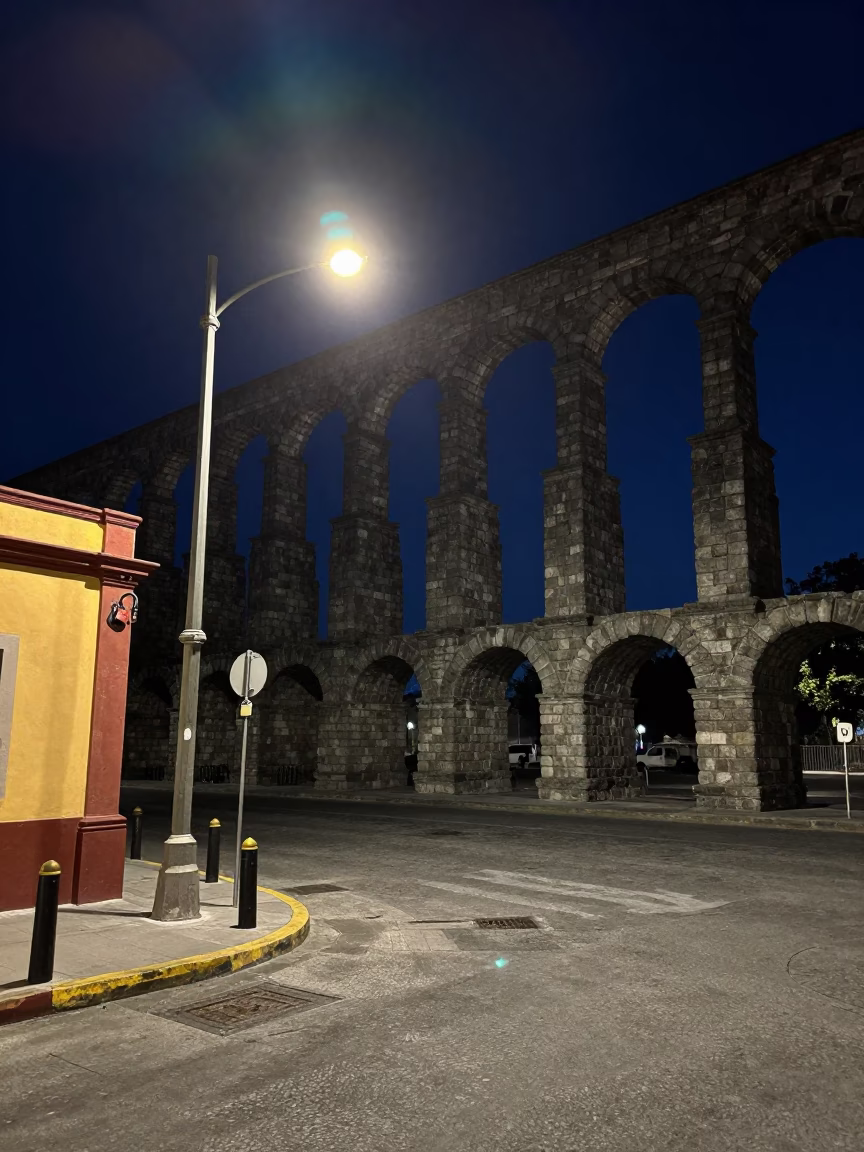 Midnight Street Scene in Merida Mexico with Aqueduct and Padlock Detail in in Merida, Mexico