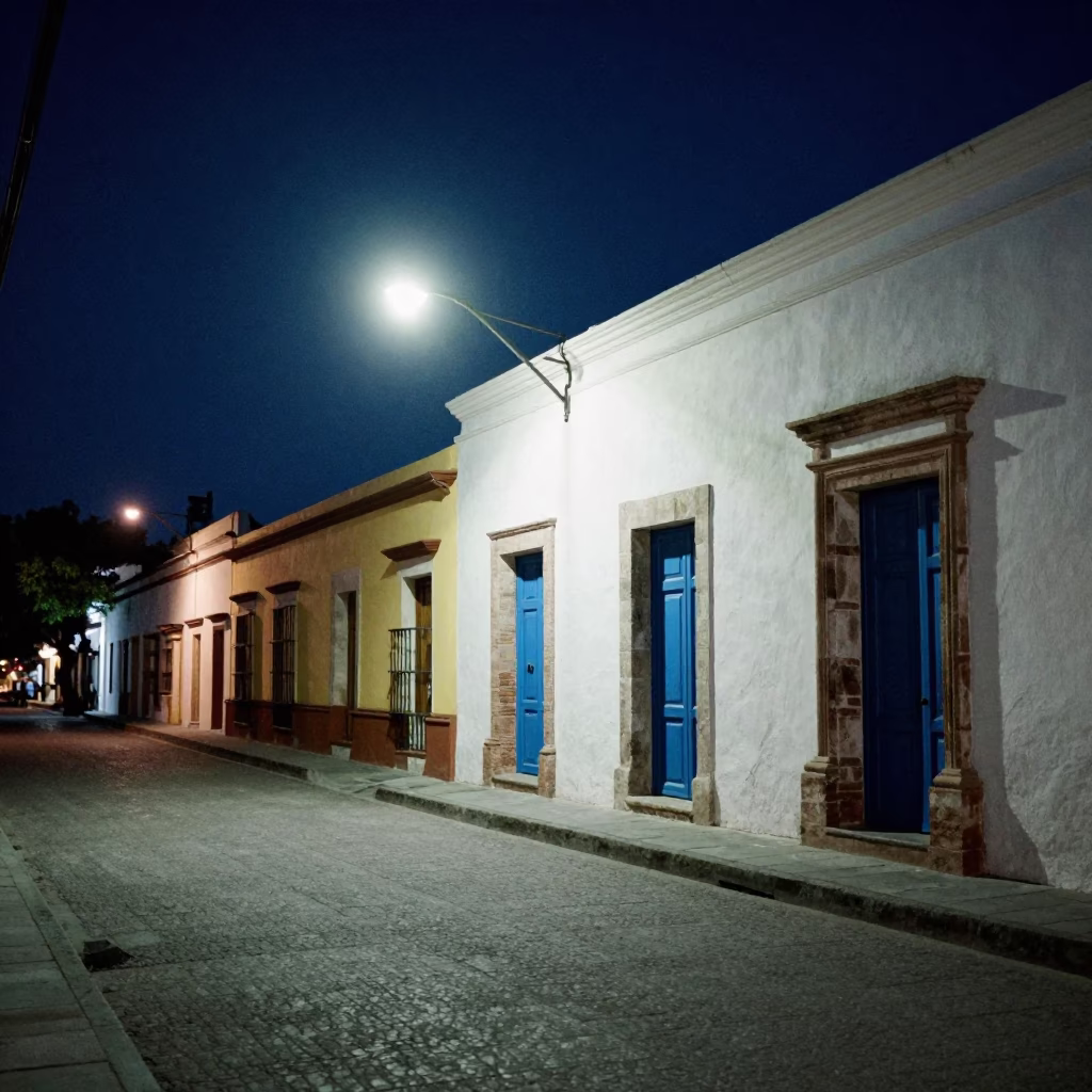 Midnight Street Scene in Merida Mexico with Colonial Architecture and Local Life in in Merida, Mexico