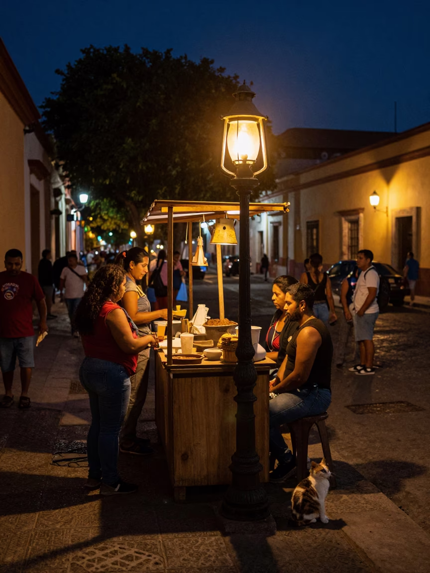Midnight Street Scene in Merida Mexico with Hurricane Lamp and Cat in in Merida, Mexico