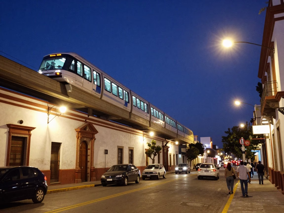 Midnight Street Scene in Merida Mexico with Monorail and Urban Activity in in Merida, Mexico