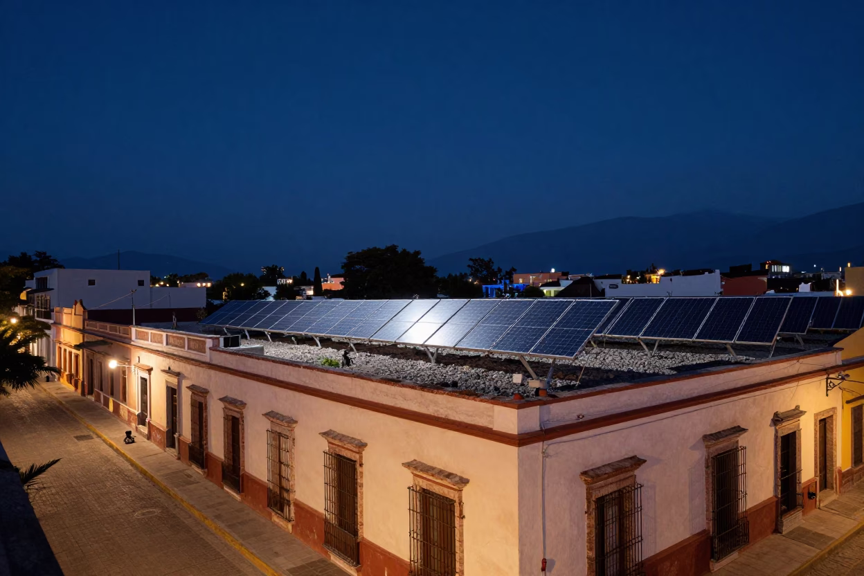 Midnight Street Scene in Merida Mexico with Solar Array and Local Life in in Merida, Mexico