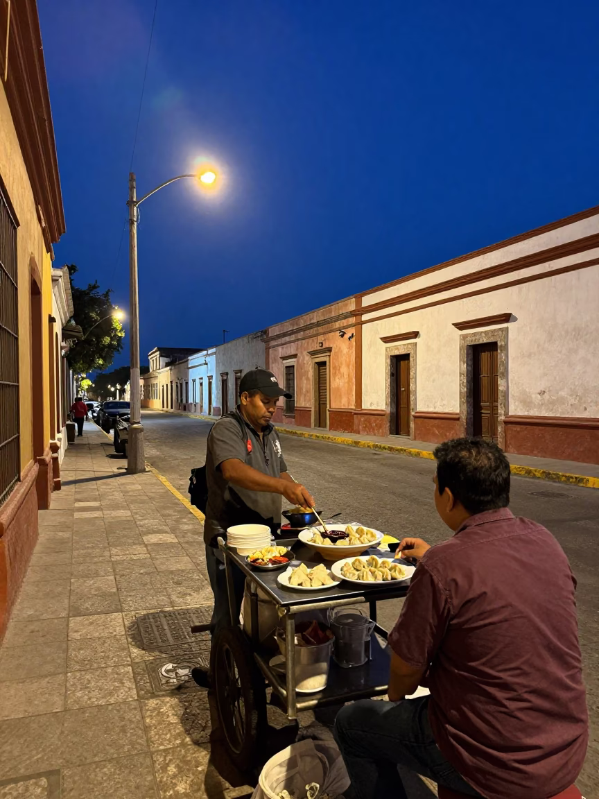 Midnight Street Scene in Merida Mexico with Street Vendor and Local Interaction in in Merida, Mexico