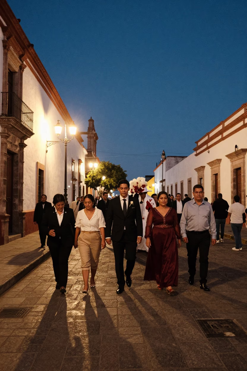 Midnight Street Scene in Merida Mexico with Traditional Wedding Procession Passing Colonial Plaza in in Merida, Mexico