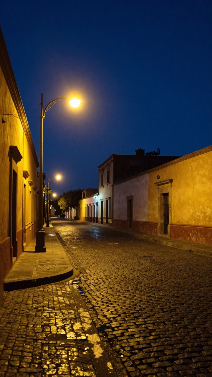 Midnight street scene in Merida Mexico with vintage 1990s aesthetic and local architecture in in Merida, Mexico