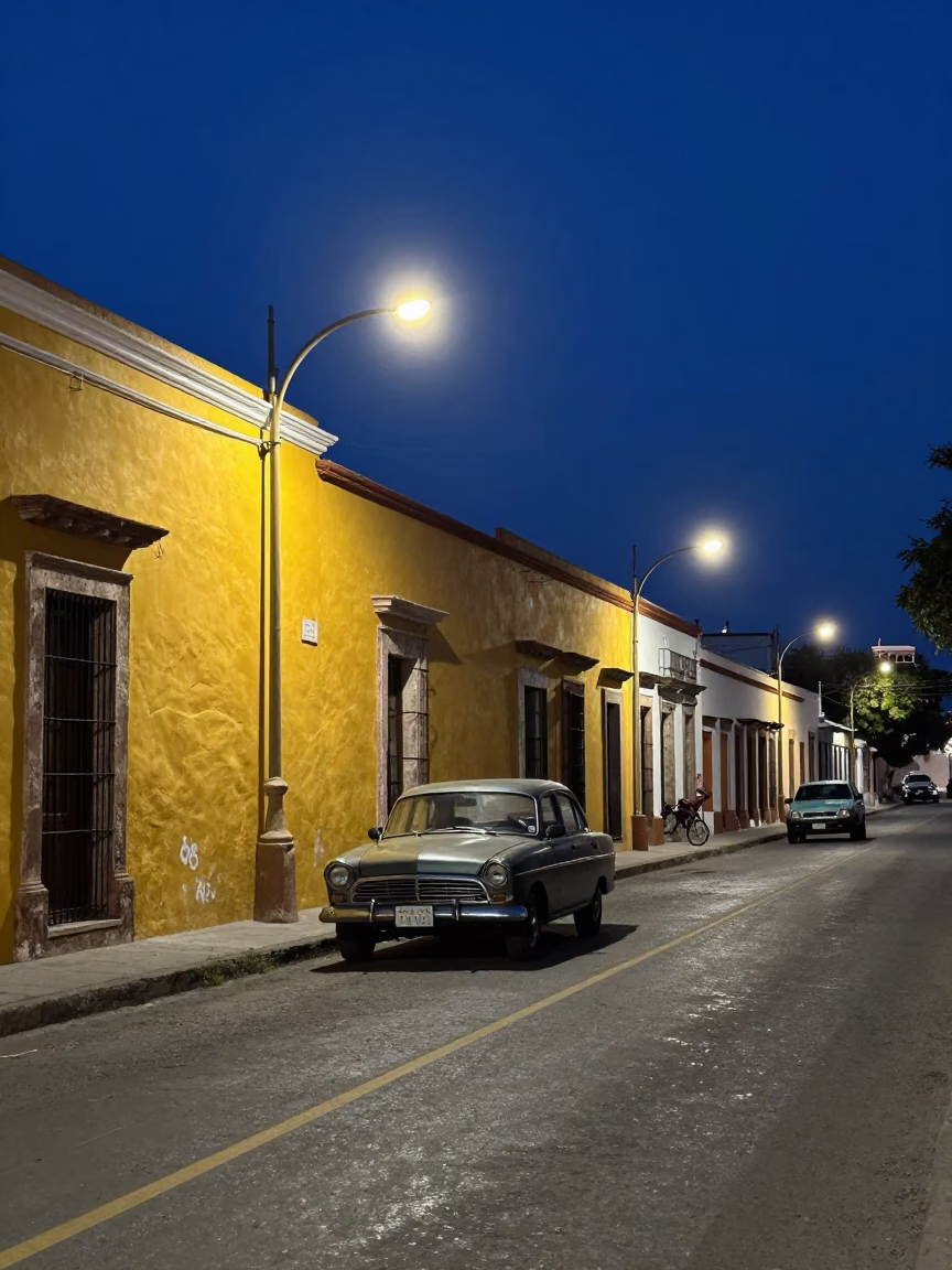 Midnight Street Scene in Merida Mexico with Vintage Car and Urban Lighting in in Merida, Mexico