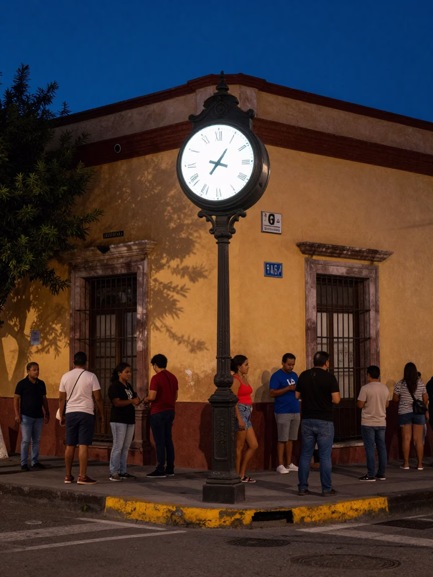 Midnight Street Scene in Merida Mexico with Vintage Clock and Blue Porcelain Jar in in Merida, Mexico