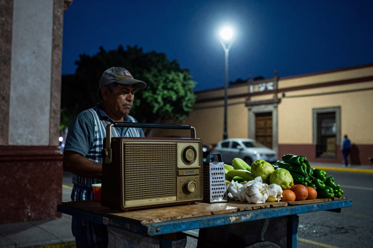 Midnight Street Scene in Merida Mexico with Vintage Radio and Grater in in Merida, Mexico