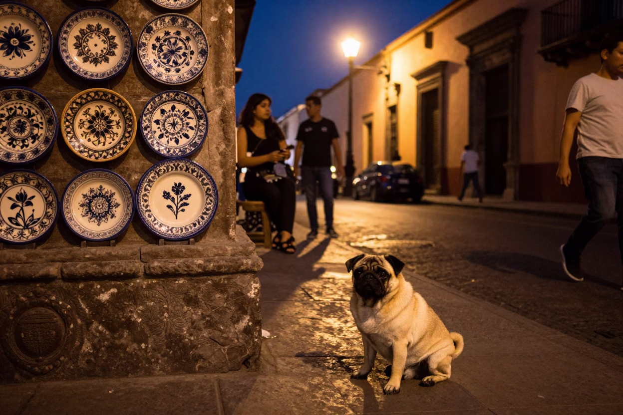 Midnight Street Scene in Mexico City Featuring Ceramic Plates and Pug in in Mexico City, Mexico