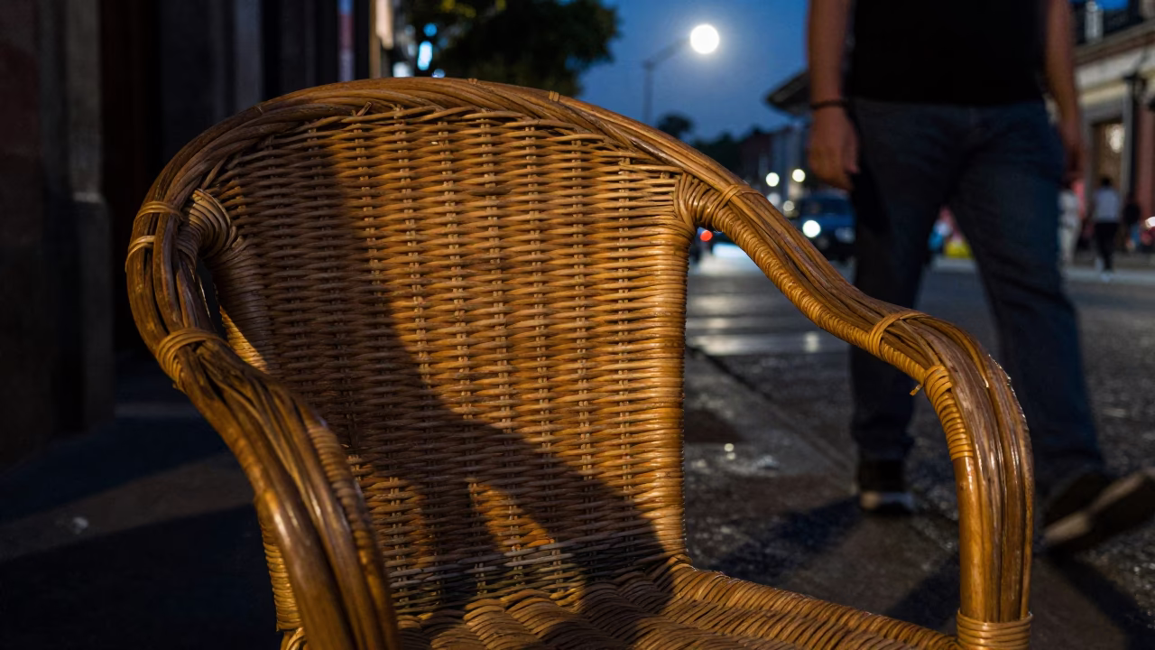 Midnight Street Scene in Mexico City Featuring Wicker Chair and Sugar Bowl in in Mexico City, Mexico