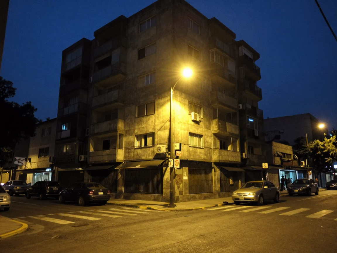 Midnight Street Scene in Mexico City with Concrete Apartment Blocks and District Heating Pipes in in Mexico City, Mexico