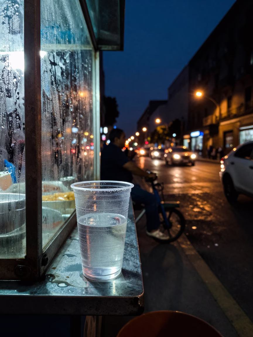 Midnight Street Scene in Mexico City with Condensation on Glass and Brass Plate in in Mexico City, Mexico