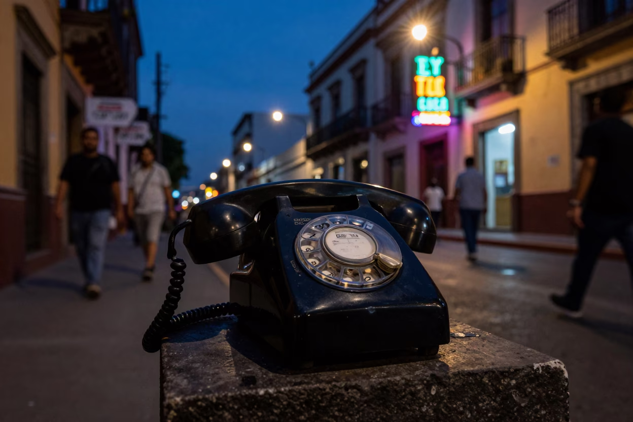 Midnight Street Scene in Mexico City With Vintage Bakelite Telephone in in Mexico City, Mexico