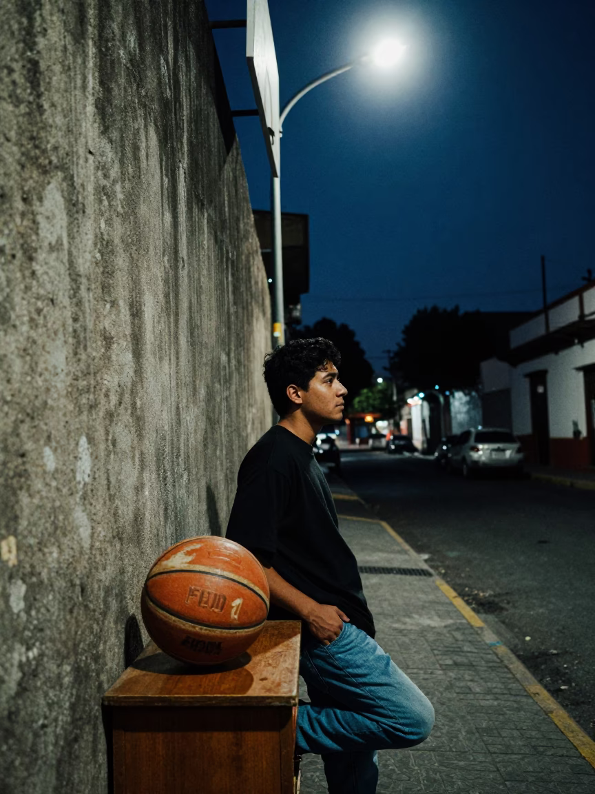 Midnight Street Scene in Mexico City with Vintage Basketball and Desk Lamp in in Mexico City, Mexico