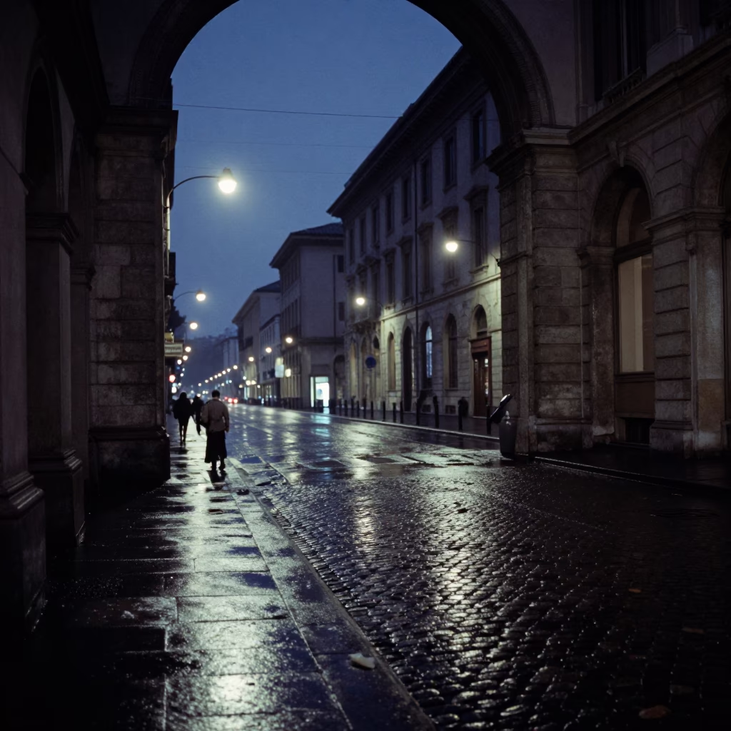 Midnight Street Scene in Milan Italy Featuring Wet Cobblestones and Urban Infrastructure in in Milan, Italy