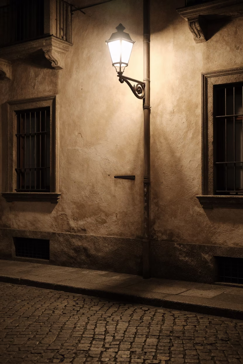 Midnight Street Scene in Milan Italy with Deadbolt and Hurricane Lamp in in Milan, Italy