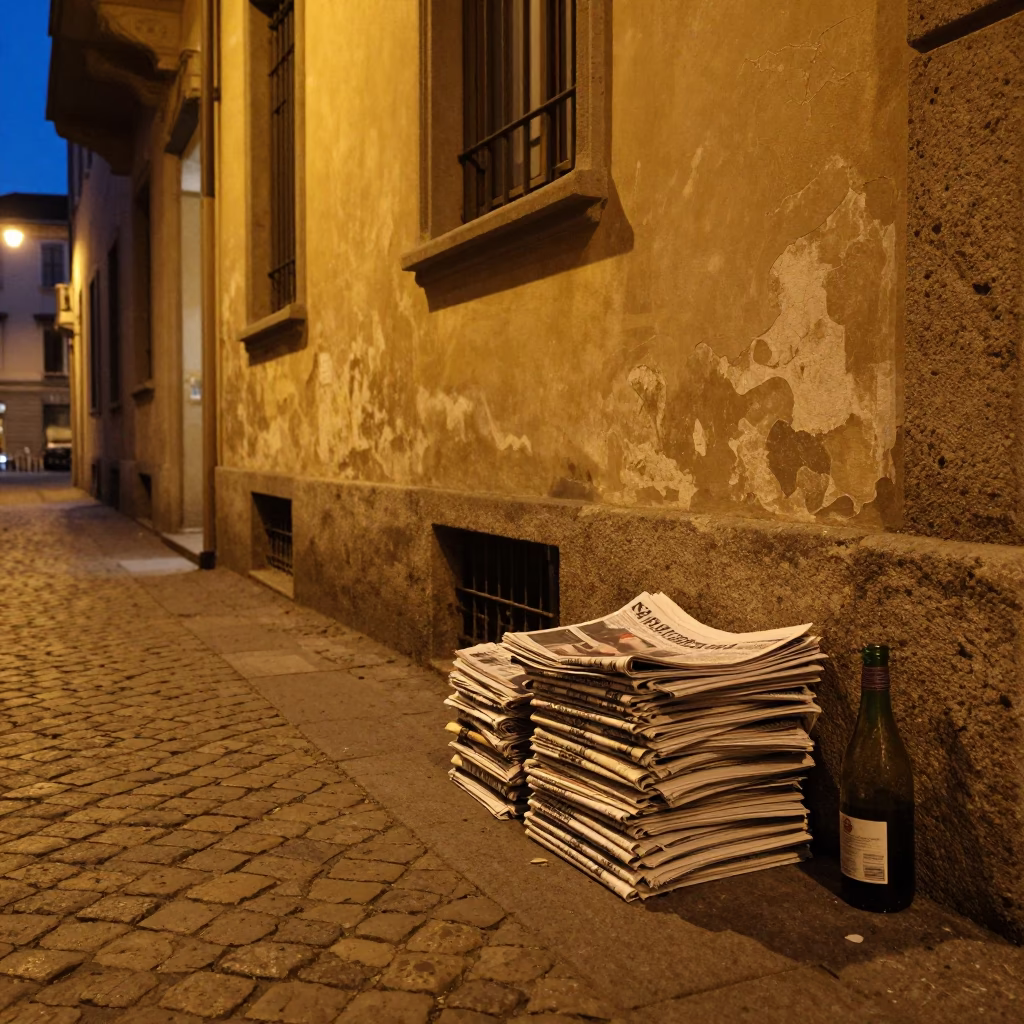 Midnight Street Scene in Milan Italy with Newspaper Stack and Bottle on Cobblestone Sidewalk in in Milan, Italy
