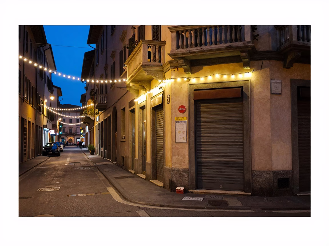 Midnight Street Scene in Milan Italy with String Lights and Vintage Bottle in in Milan, Italy