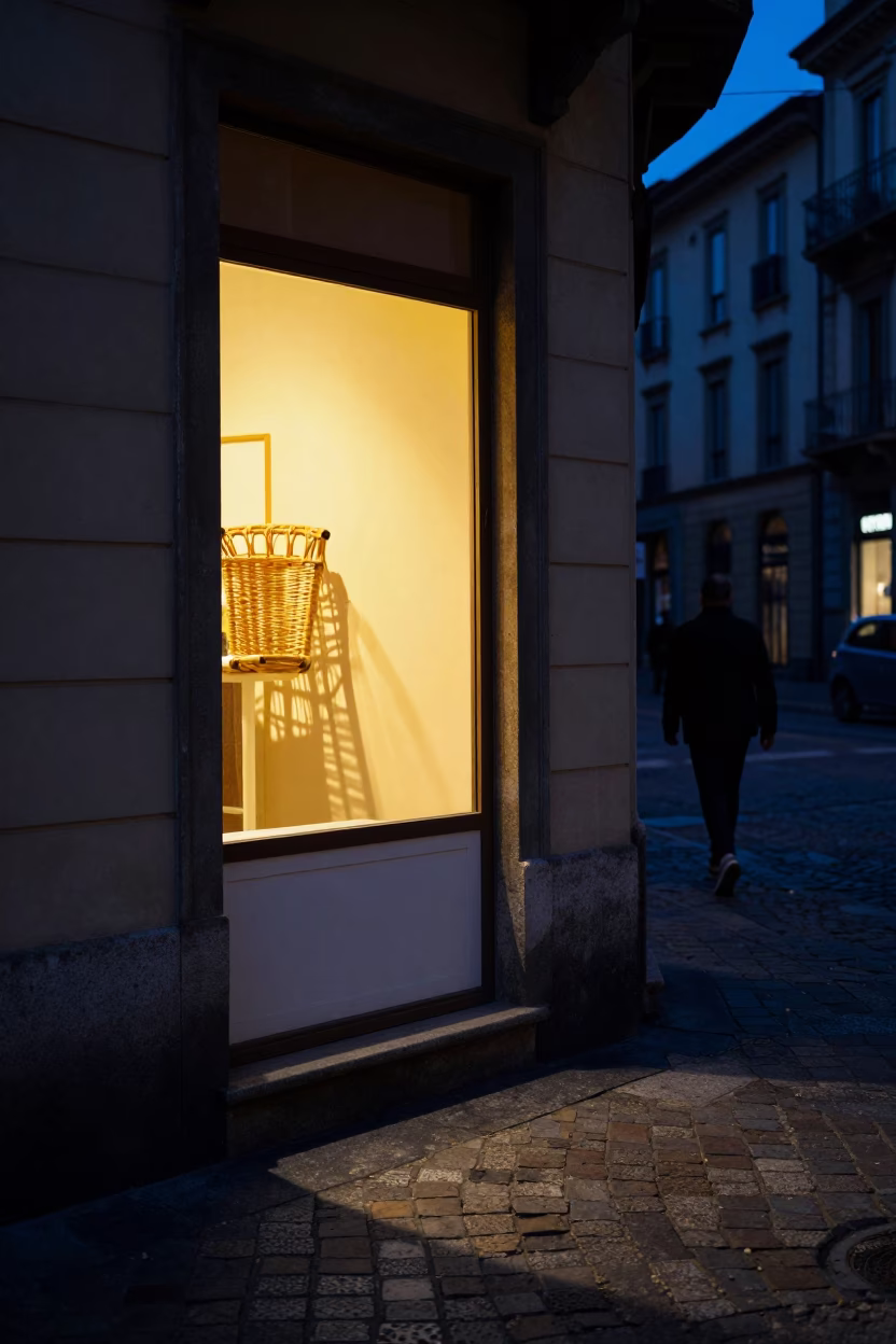 Midnight Street Scene in Milan Italy with Wicker Shadow and Cobalt Beaker in in Milan, Italy