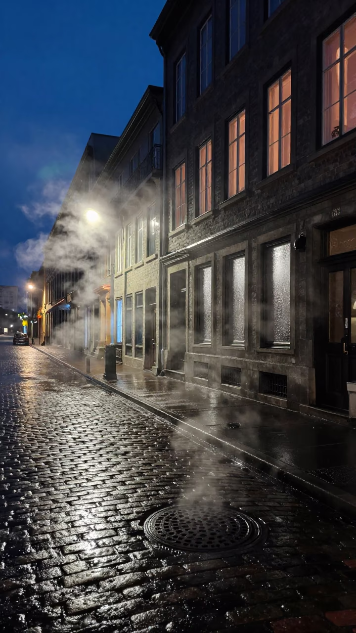 Midnight Street Scene in Montreal Quebec Canada with Condensation on Classroom Window in in Montreal, Quebec, Canada