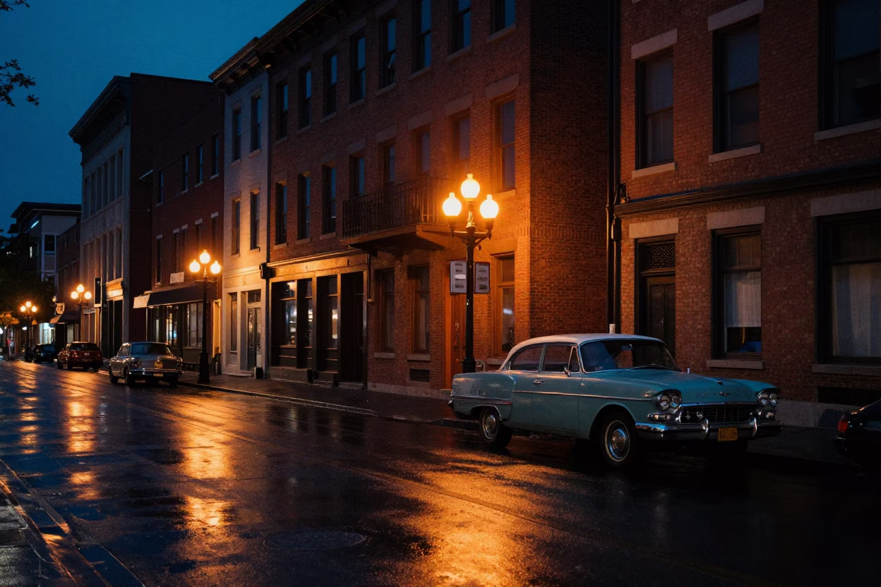 Midnight Street Scene in Montreal Quebec Canada with Vintage 1960s Atmosphere in in Montreal, Quebec, Canada