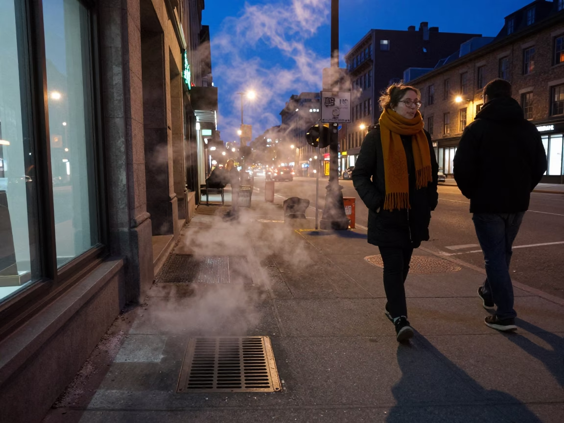 Midnight Street Scene in Montreal Quebec Canada with Wool Scarves and Glass Bottle in in Montreal, Quebec, Canada