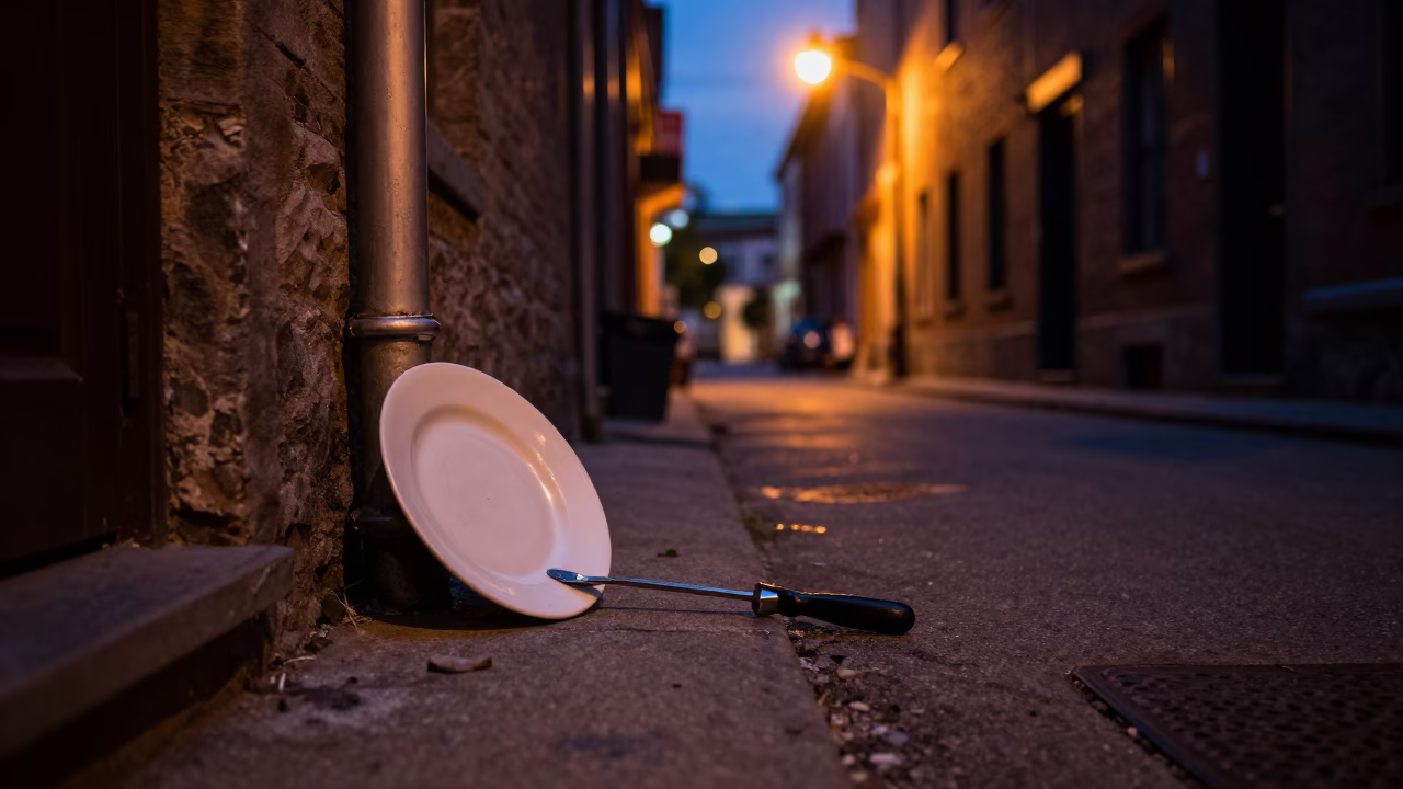 Midnight Street Scene in Montreal Quebec with Plate and Hand Tool in in Montreal, Quebec, Canada
