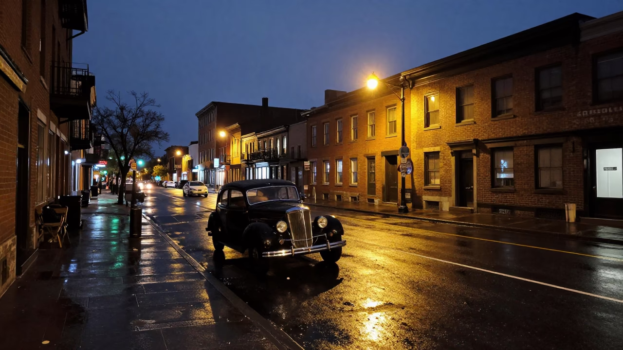 Midnight Street Scene in Montreal Quebec with Vintage Car and Wet Pavement Reflections in in Montreal, Quebec, Canada