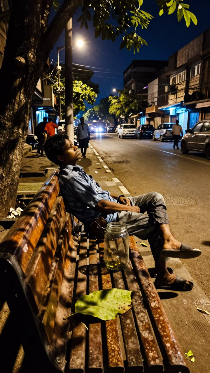 Midnight Street Scene in Mumbai India with Glass Jar and Leaf Shadows on Bench in in Mumbai, India