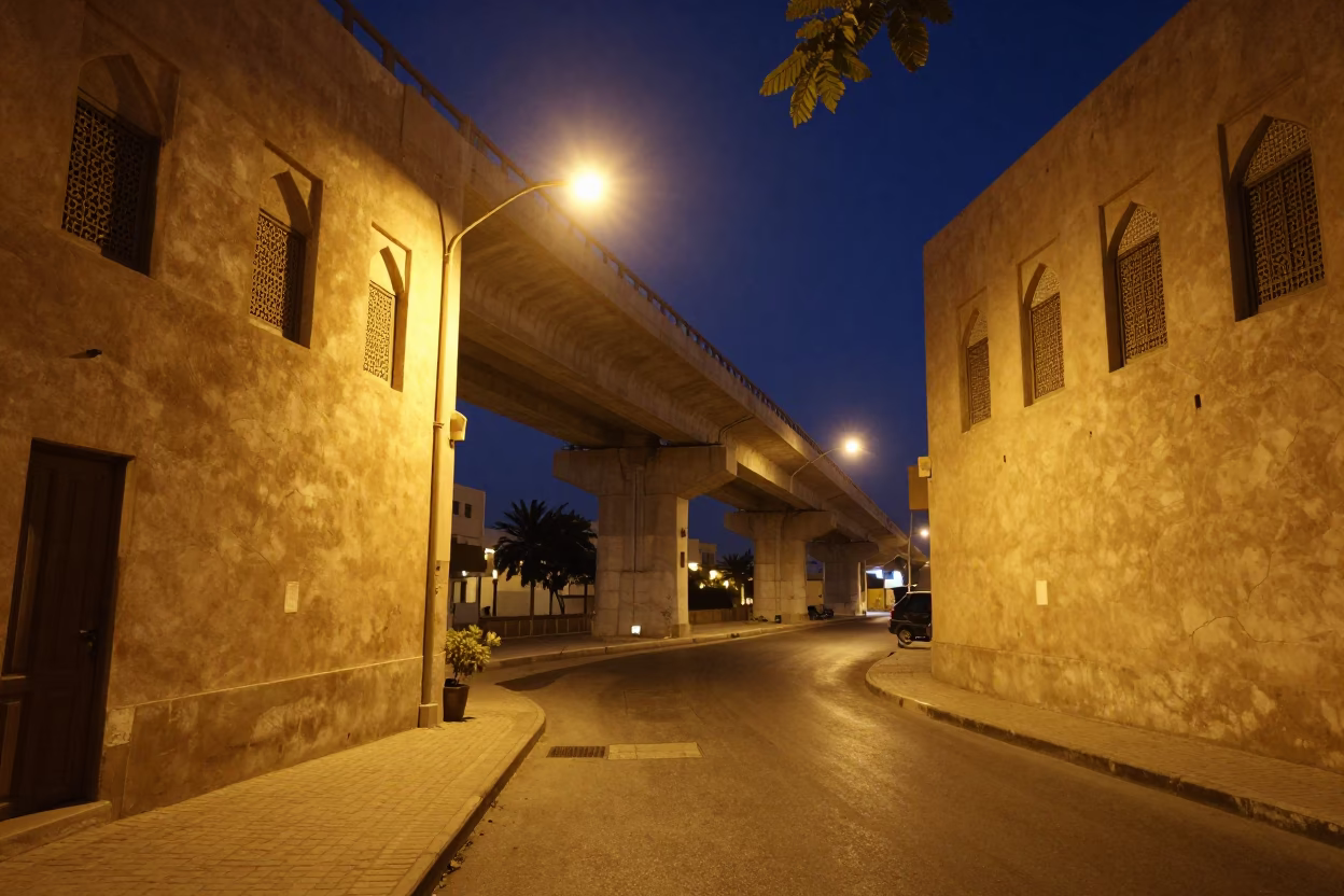 Midnight Street Scene in Muscat Oman with Concrete Viaduct and Leaf Shadows in in Muscat, Oman
