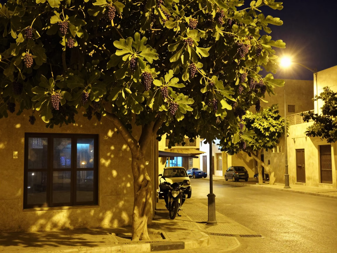 Midnight Street Scene in Muscat Oman with Fig Tree and Glass Carafe in in Muscat, Oman
