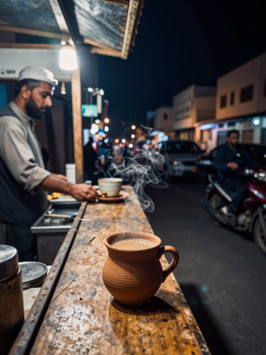 Midnight Street Scene in Muscat Oman with Steaming Clay Cup and Melons in in Muscat, Oman