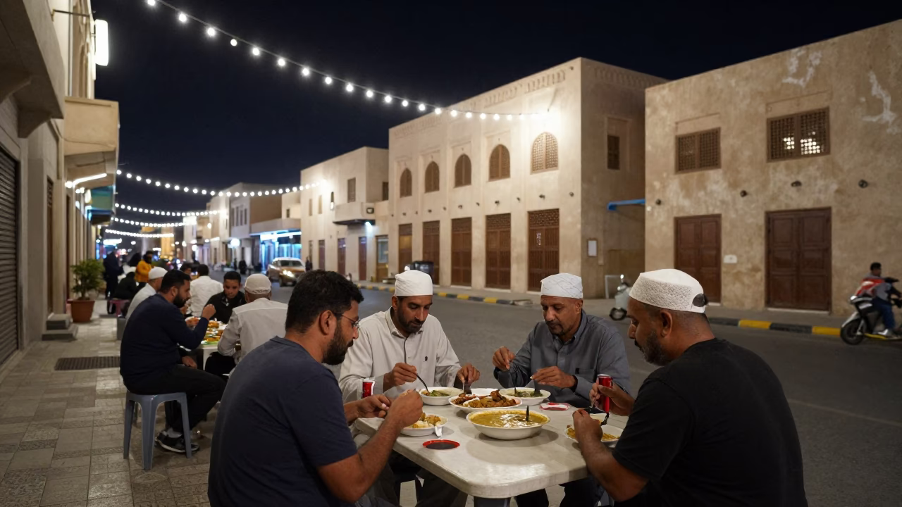 Midnight street scene in Muscat Oman with string lights and casual dining in in Muscat, Oman