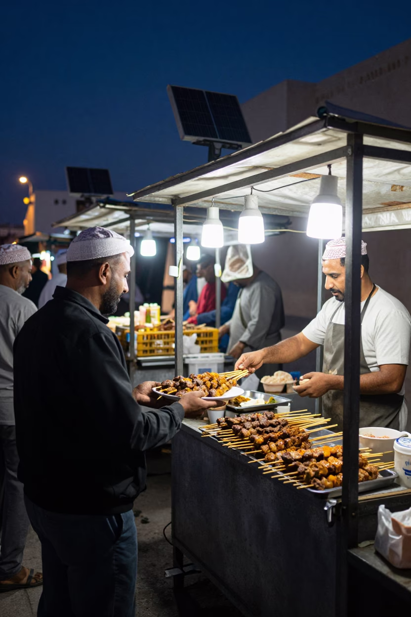 Midnight Street Scene in Muscat Oman with Suya Skewers and Solar Fence in in Muscat, Oman