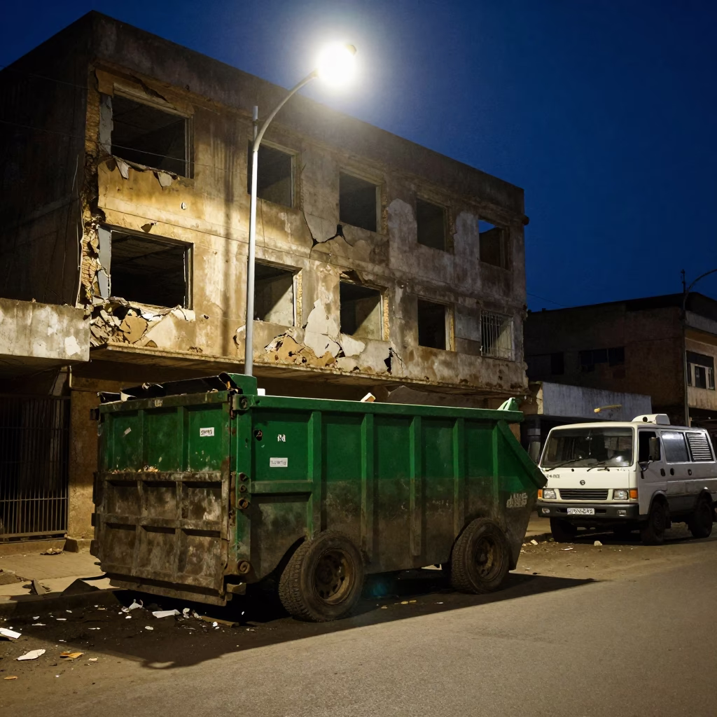 Midnight Street Scene in Nairobi Kenya with Demolition Dumpster and Gutted Storefront in in Nairobi, Kenya