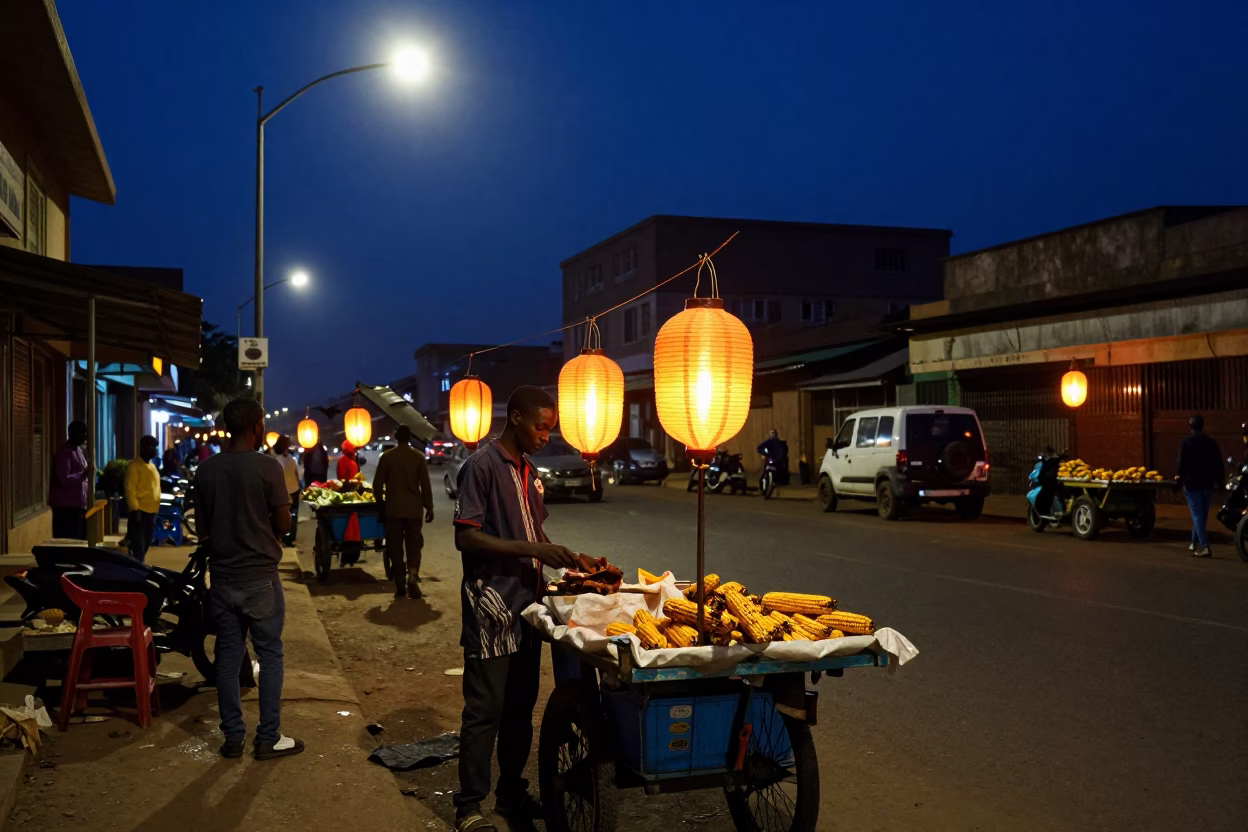 Midnight Street Scene in Nairobi Kenya with Lanterns and Local Activity in in Nairobi, Kenya