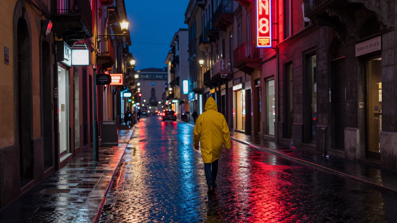 Midnight Street Scene in Naples Italy with Neon Lights and Urban Details in in Naples, Italy