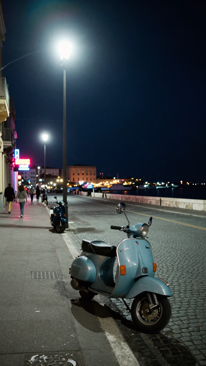 Midnight Street Scene in Naples Italy with Scooter and Neon Lights in in Naples, Italy