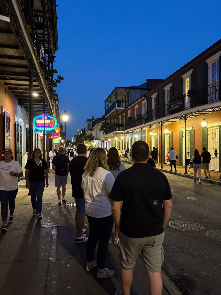 Midnight Street Scene in New Orleans Louisiana with Neon Lights and Crowded Sidewalks in in New Orleans, Louisiana, United States