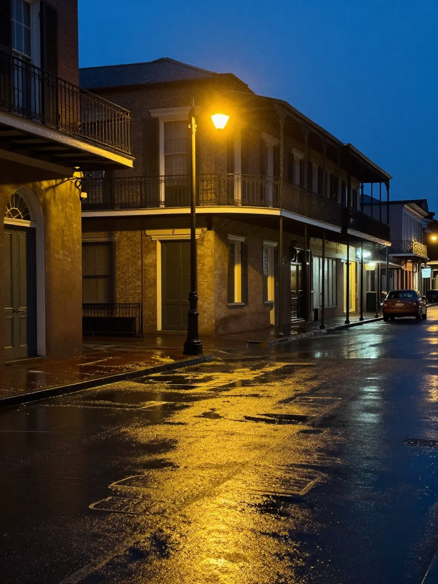 Midnight Street Scene in New Orleans Louisiana with Wet Footsteps and Urban Details in in New Orleans, Louisiana, United States