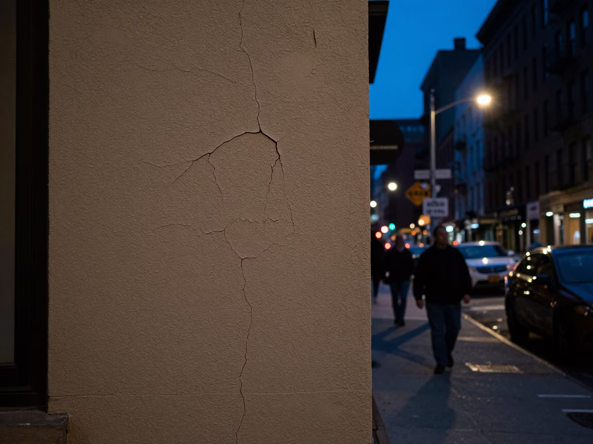 Midnight Street Scene in New York City Featuring Cracked Painted Stucco and Urban Nightlife in in New York, New York, United States