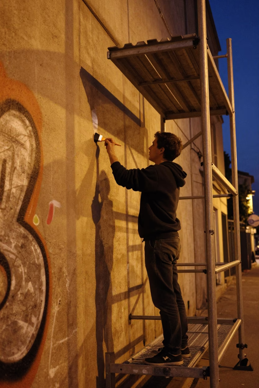 Midnight Street Scene in Nice France with Artist Painting Mural Under Streetlights in in Nice, France