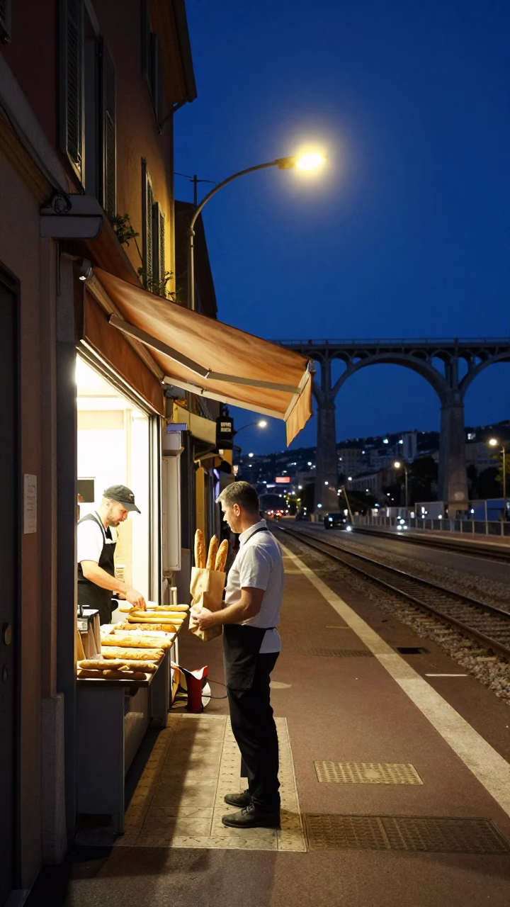 Midnight Street Scene in Nice France with Baguettes and Railway Viaduct in in Nice, France